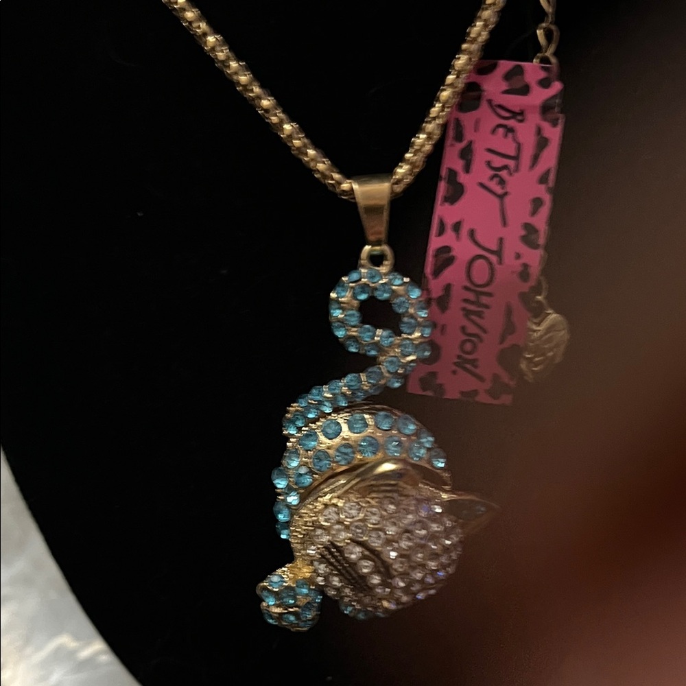 Betsey Johnson Gold and Blue Rhinestone Cat Necklace - Picture 4 of 5